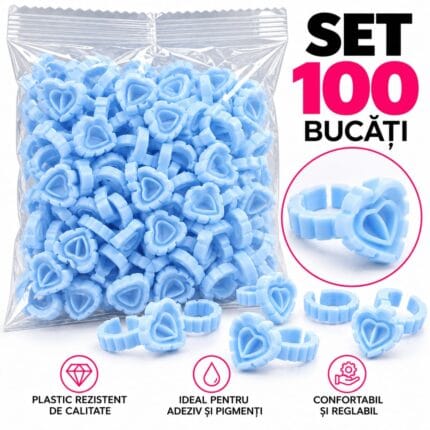 Inele albastre pentru adeziv, cu cupă inima și inel reglabil – Set 100 bucăți