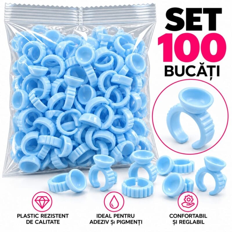 Inele albastre pentru adeziv extensii gene, cu cupă rotundă și inel reglabil – Set 100 bucăți