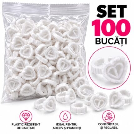 Inele albe pentru adeziv, cu cupă inima și inel reglabil – Set 100 bucăți
