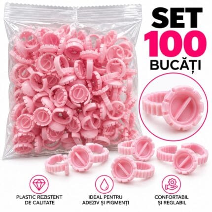 Inele roz pentru adeziv, cu cupă rotundă și inel reglabil – Set 100 bucăți